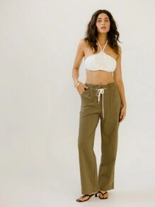 Aralina Utility-Inspired Paperbag Waist Khaki Pants - Army Green - View 5