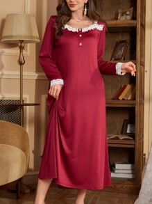 Elegant White Lace Patchwork Ladies Nightgown - Burgundy - View 3