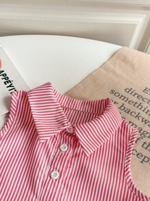 SHEIN 女婴幼儿 0-3 岁红白条纹马球领无袖休闲连衣裙，适合外出 - 紅色 - 查看 4