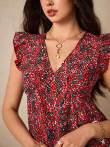 Poéselle Rochie de vară roșie mică cu imprimeu floral și decolteu în V, cu volane și curea, rochie de vară cu mâneci scurte și imprimeu floral mic