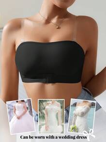 Women Strapless And Underwire-Free Convertible Bandeau Bra Set With Front Closure, Pushup And Includes Invisible Shoulder Straps & Nipple Covers, 3pcs/Set
