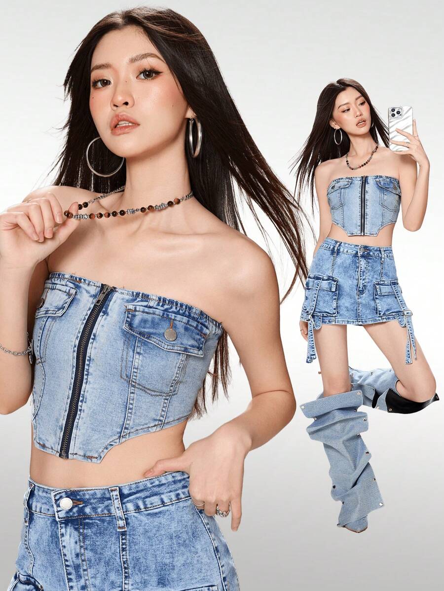 SHEIN EZwear 女士紧身弹力短款蓝色牛仔衬衫 - 中等水洗藍 - 查看 1