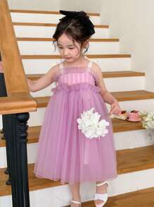 DAZY Young Girls Wide Strap Tie Waist Simple Design Dress,Girls Summer Outfits - Purple - View 7