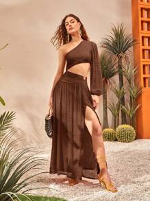 Travachic 女士度假纯色露肩灯笼袖镂空性感连衣裙