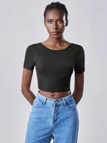 Lumivelle Camiseta de mujer con decoración de cinturón en la espalda, de moda, con espalda calada, camiseta corta con espalda descubierta de estilo elegante