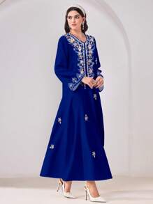 Al Najma Conservative Casual Floral Print Long Sleeve Arabic Style Dress, Modest Kaftan - White - View 2