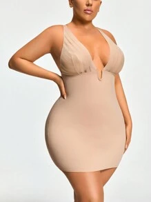 SHEIN Shape Plus Size Shaping Plunge Deep-V Shapewear Slip Body Shaper Butt Lifter With Adjustable Straps-Tummy Waist Thigh Control