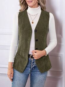 SHEIN LUNE Women's Solid Color Single-Breasted Casual Vest Jacket, Autumn/Winter - Army Green - View 5