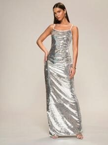 Glamine Vestido largo de tirantes finos con decoración de lentejuelas para mujer, corte slim - Plateado - Ver 4