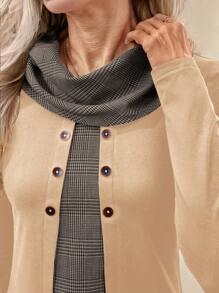 Miaspire 女式纽扣衬衫 女式长袖衬衫 通勤服装 黑色拼色格子女式长袖高领衫 女式 T 恤 - 卡其色 - 查看 5