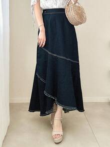 FRIFUL Chân váy denim nữ casual dáng bất đối xứng, chân váy jeans xếp ly - Màu xanh lam - Xem 1