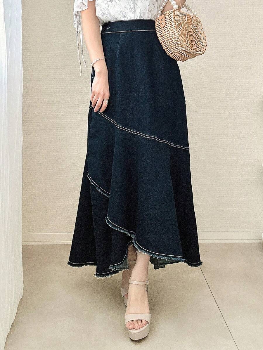 FRIFUL Chân váy denim nữ casual dáng bất đối xứng, chân váy jeans xếp ly - Màu xanh lam - Xem 1