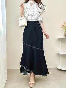 FRIFUL Chân váy denim nữ casual dáng bất đối xứng, chân váy jeans xếp ly - Màu xanh lam - Xem 7