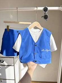 SHEIN Leap Crew 买二送一青少年男童休闲运动学院街头风日韩宽松英文字母背心基础款T恤半身束腰西装短裤高品质三件套 - 藍色 - 查看 2