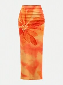 Girlism 2 pièces/Set Haut tube ajusté et jupe longue style vacances imprimé tropical orange pour adolescentes