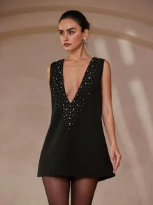 Aveloria Rosie Vestido negro corto sexy con cuello en V profundo, sin mangas, estampado degradado y remaches, de estilo vintage y romántico francés