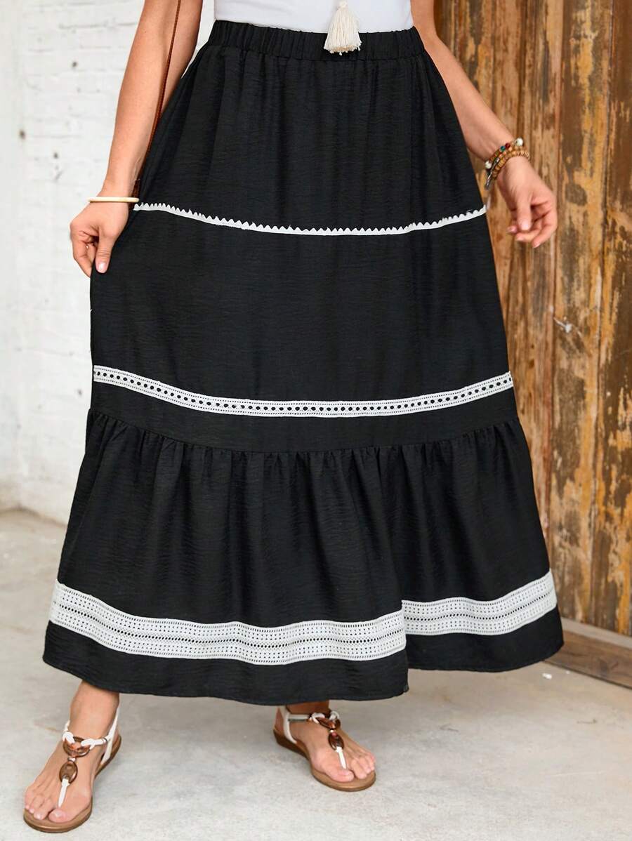 SHEIN LUNE Plus Size Women Floral Lace Patchwork Loose A-Line Hem Long Skirt, Versatile For Spring And Summer - Black - View 1