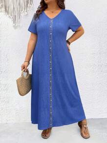 Breezaya Plus Size Women's Summer Denim Effect V-Neck Short Sleeve Casual T-Shirt Dress Maxi Women Outfit