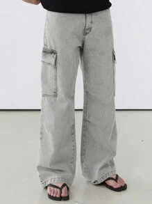 DAZY Solid Gray Men's Utility Pocket Jeans, Autumn - Light Grey - View 3