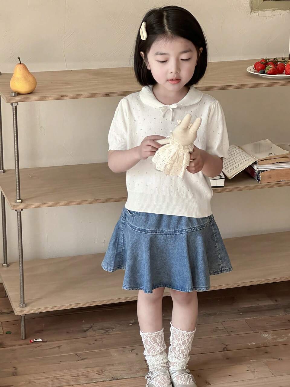 Young Girl Short Sleeve Ruffle Collar Casual Knit Sweater, Summer