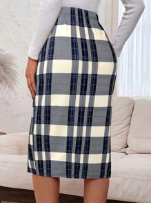 EMERY ROSE Women Plaid Elastic Waist Casual Pencil Skirt - Khaki - View 2