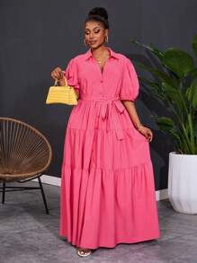 Slaydiva فستان ماكسي بأكمام قصيرة وخط A برزنتة مجعدة باللون الصلب للنساء ذوات الحجم الكبير موديل 2025 الجديد للربيع - روز أحمر - مشاهدة 4