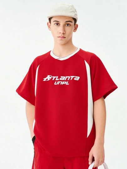 SHEIN Explorewe 1 件青少年男孩嘻哈插肩袖拼色短袖 T 恤，美国街头休闲宽松图案 T 恤，适合户外、运动、滑板、日常穿着、赛车风格