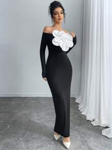 Modelyn Robe fourreau élégante avec épaules dénudées et ornements floraux pour femme