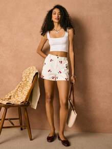 Poéselle Quần short cạp thấp thêu hoa anh đào trắng, quần short vải chéo trắng, thích hợp cho các hoạt động hàng ngày, đi chơi, lễ hội âm nhạc, hòa nhạc đồng quê. - trắng - Xem 3