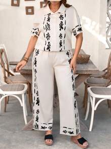 SHEIN LUNE 2 pièces Ensemble chemise à manches courtes et pantalon à taille élastique ample avec imprimé floral pour femmes grandes tailles, polyvalent et confortable pour le printemps/été - Multicolore - Voir 3