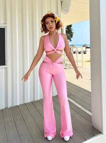 SHEIN ICON 2pcs Knot Front Backless Halter Design Top And Flare Leg Pants Sexy Women Outfit