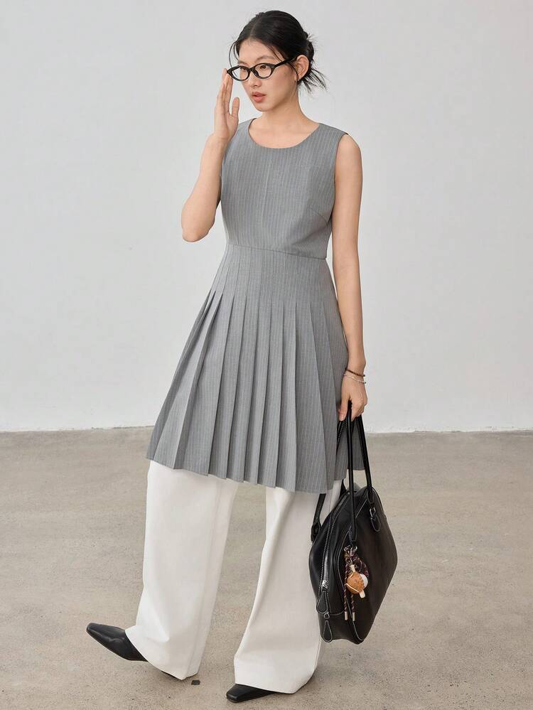 Stylish 3D Cut Waist Pleated Striped Casual Mid-Calf Dress For Women Sundress Business Casual Woman Work Clothes