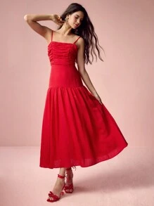 Enchnt Spring /Summer Romantic Women Simple Casual Everyday Red Gathered Trim Sling Long Dress, For Holiday Date Night&Sweet Date Night&Daily Commuting&Vacation&Afternoon Tea&Garden Parties&Graduation Season