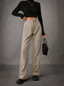 EURMUSE 休闲通勤阔腿高腰直筒裤 - 米色 - 查看 3