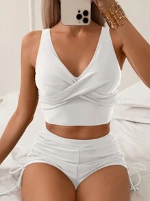 Swim Basics 女士纯色简约比基尼上衣和下装休闲泳装套装，适合夏季海滩度假 - 白色 - 查看 3