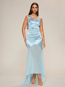 Glamine Light Blue Summer Elegant Dinner Women Maxi Dress,Satin Straps Backless Zip Up Woven Chiffon Splicing Short In Front Long In Back Hem Slim Prom Gown - Blue - View 5
