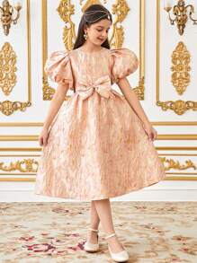 SHEIN Đầm midi tay bồng họa tiết hoa jacquard thanh lịch giản dị cho bé gái tuổi mới lớn có thắt nơ cỡ lớn - Hồng - Xem 4