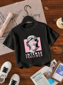 Jong meisje Casual Mode Portret & Slogan Grafisch Ronde Hals Korte Mouw T-shirt, Geschikt Voor De Zomer