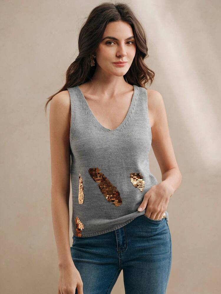 夏休み スパンコール Vネック ニットタンクトップ、ウィメンズ パーティー ニューイヤー用