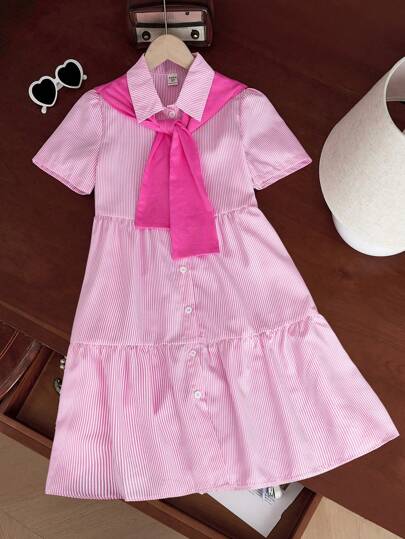 Tween Girl Casual Lovely Striped Shirt Dress & Children Shawl Dress Set