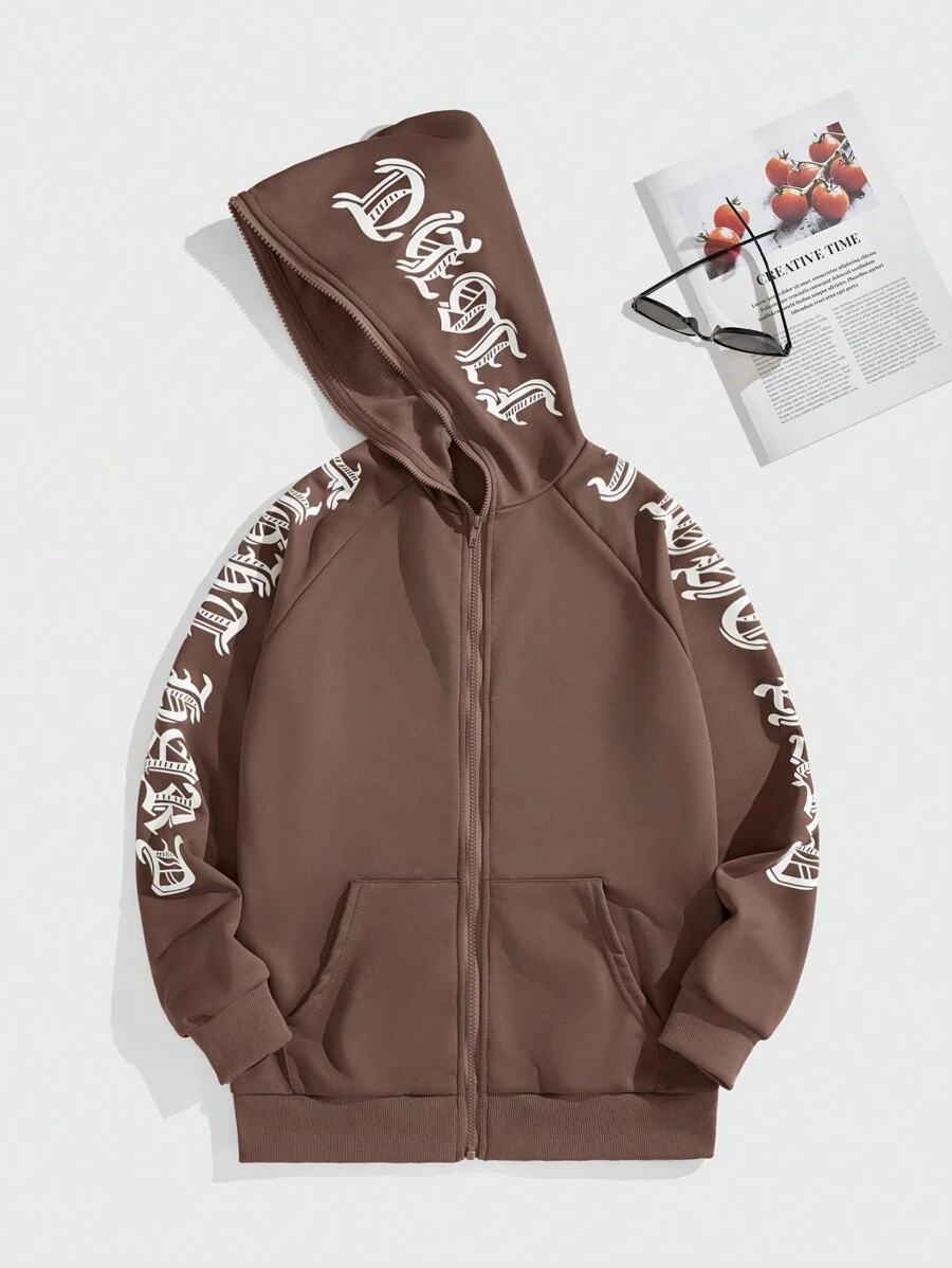 Manfinity Roghcode Men's Letter Print Raglan Sleeve Zip Front Hoodie Sweatshirt - Brown - View 1