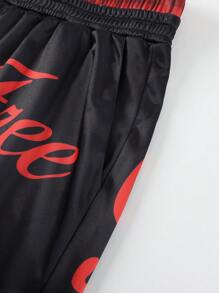 ROMWE MEN Street Life Men's Gothic Cross & Slogan Print Drawstring Waist Shorts, Halloween - Black - View 4