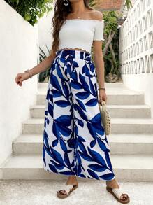 SHEIN Maternity Vacation Casual Floral Print Wide Leg Pants - Blue and White - View 4