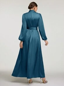 Veilorie 女士纯色立领灯笼袖优雅阿拉伯朴素长袖连衣裙长款晚礼服 - 水鴨藍 - 查看 2