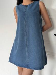 SHEIN ICON Vestido vaquero mini con corte holgado y sin mangas para mujer, azul, adecuado para verano / atuendos de verano / ropa de verano, primavera / atuendos de primavera para mujer, vacaciones, atuendos de vacaciones para mujer / vacaciones, primavera y verano mujeres románticas/baile de graduación/formal/cumpleaños/ropa de los 90/casual de negocios para mujer/elegante/vestir occidental/salir/moda/casual/ropa y2k/club/oficina/cóctel/vintage/ajustado/trajes de rave del festival/divertido/elegante/dinero viejo/ropa de calle/atuendos de vacaciones/atuendo de concierto de country/ropa de trabajo/modesto/vacaciones de primavera/atuendos de despedida de soltera/concierto/chica mala/básico/graduación/sin mangas/vestido de corte A/azul/vaquero
