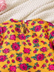 Young Girl Ditsy Floral Flare Sleeve Vacation Casual Dress - Yellow - View 8