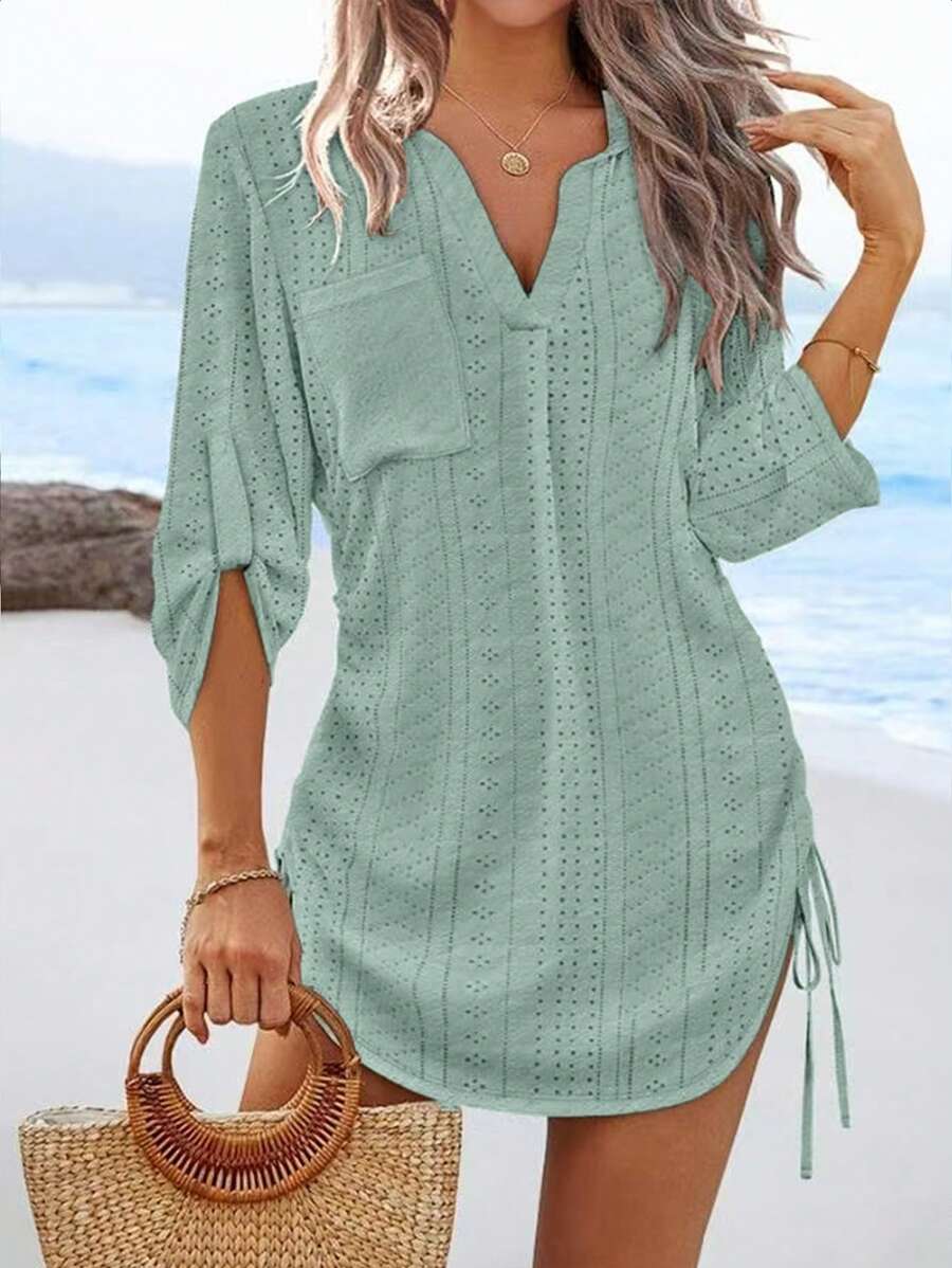 INAWLY Women's Casual Jacquard Fabric V-Neck Drawstring Loose Sweatshirt Pullover Fall - Green - View 1