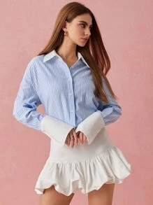 Enchnt Áo cánh dài tay họa tiết sọc xanh trắng thời trang mùa xuân/đông dành cho nữ, mặc hàng ngày, ngọt ngào và thanh lịch cho ngày lễ tình nhân, ngày lễ, buổi tối hẹn hò ngọt ngào và đi làm hàng ngày - Màu xanh lam - Xem 4