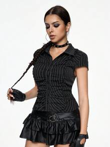 ROMWE Grunge Punk Women's Striped Fitted Short Sleeve Single-Breasted Cinched Waist Shirt,Summer , Summer Outfits ,Summer Clothes,Summer Outfits For Women