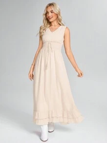 SHEIN LUNE Women's Sleeveless Cream Tasseled Layered Ruffle Hem Dress - Apricot - View 3